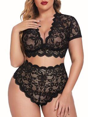 BRAND NEW Plus Size Lingerie Plus Floral Lace Scallop Trim Lingerie Set